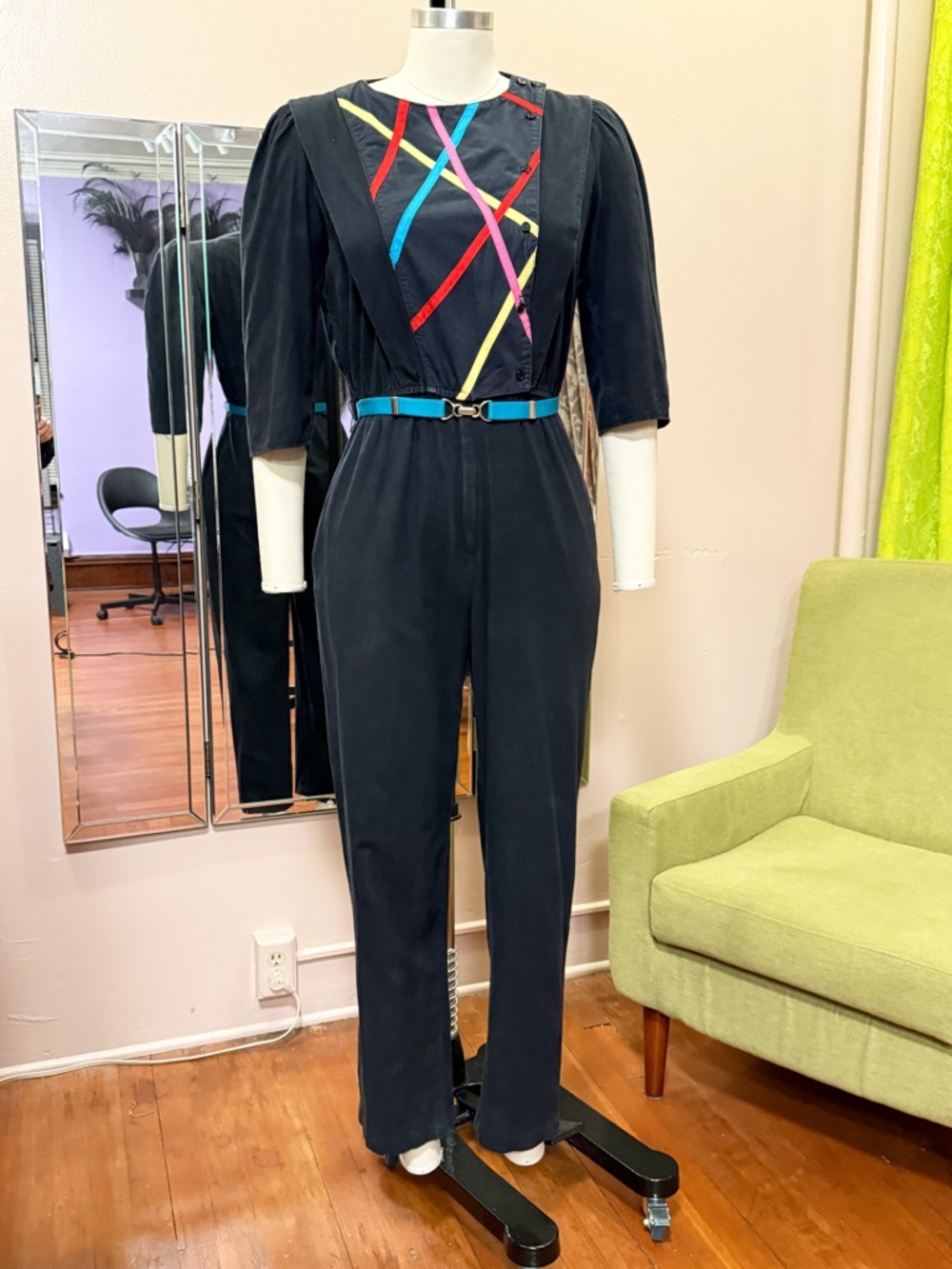 Vintage Joni Blair California Jumpsuit, 1980s, Black Colorblock Stripe, Size 9